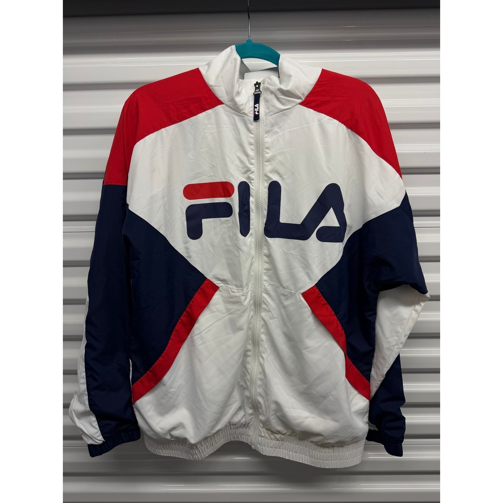 Fila Mens Colorblock Windbreaker Jacket White Navy Red Logo Full Zip L
